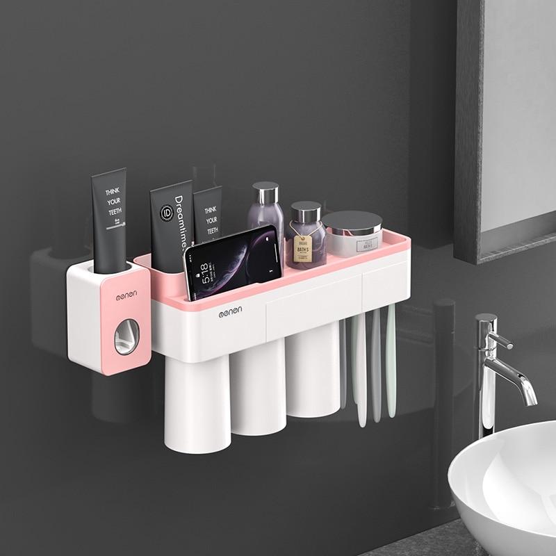 Toothbrush Holder Bathroom Accessories Toothpaste Squeezer Dispenser Storage Shelf Set For Bathroom Magnetic Adsorption With Cup
