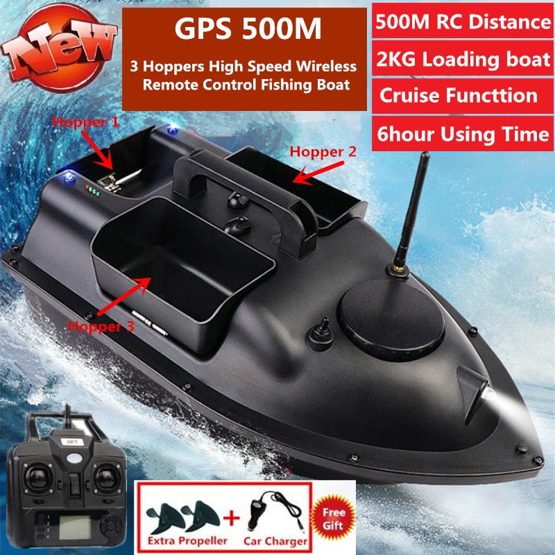 GPS Auto Return Intelligent Wireless Remote Control RC Bait Boat 500M 2KG Load High Speed Dual Light 3 Hopper Fishing Boat