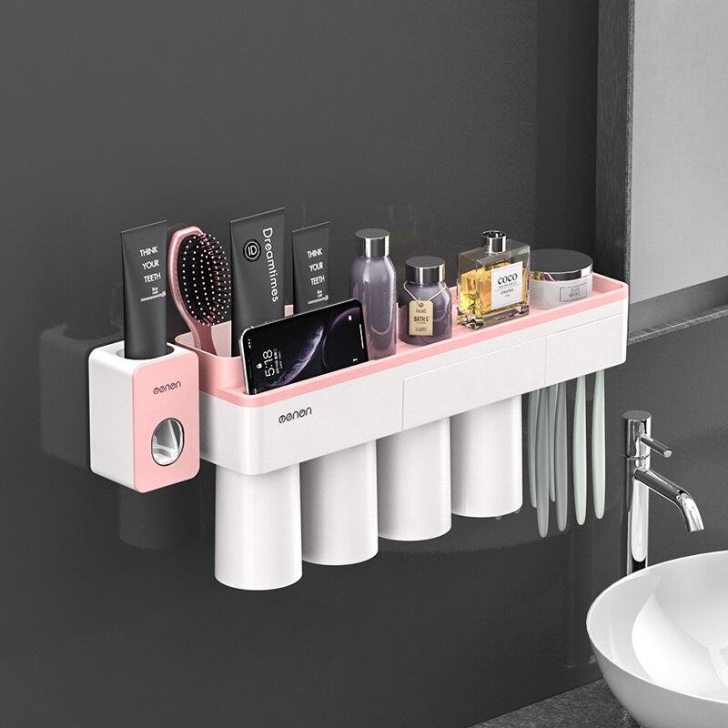 Toothbrush Holder Bathroom Accessories Toothpaste Squeezer Dispenser Storage Shelf Set For Bathroom Magnetic Adsorption With Cup