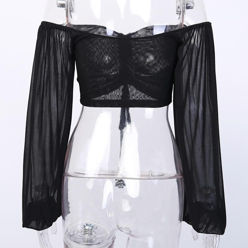 Cryptographic Drawstring Ruched Sexy Blouse Women Puff Sleeve Off Shoulder Sheer Female Tops and Blouses Shirts Short Streetwear