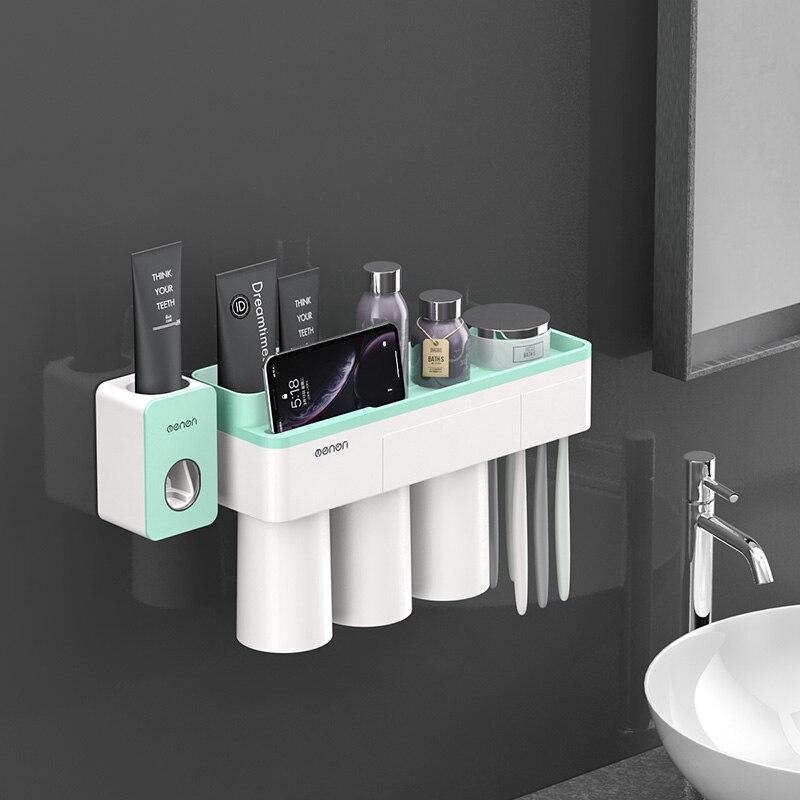 Toothbrush Holder Bathroom Accessories Toothpaste Squeezer Dispenser Storage Shelf Set For Bathroom Magnetic Adsorption With Cup