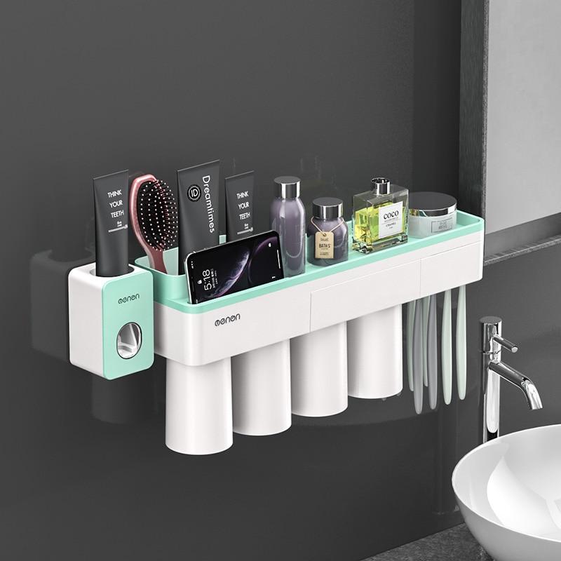 Toothbrush Holder Bathroom Accessories Toothpaste Squeezer Dispenser Storage Shelf Set For Bathroom Magnetic Adsorption With Cup