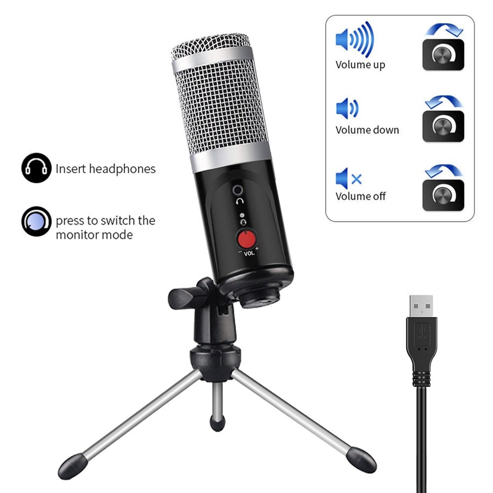 Condenser Microphone With Tripod USB Computer Studio Microphone For PC Microphone For Phone Karaoke Microphone With Sound Card