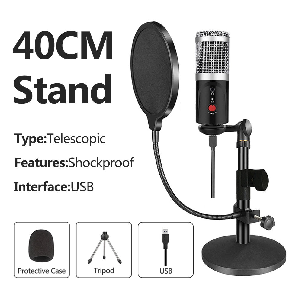 Condenser Microphone With Tripod USB Computer Studio Microphone For PC Microphone For Phone Karaoke Microphone With Sound Card