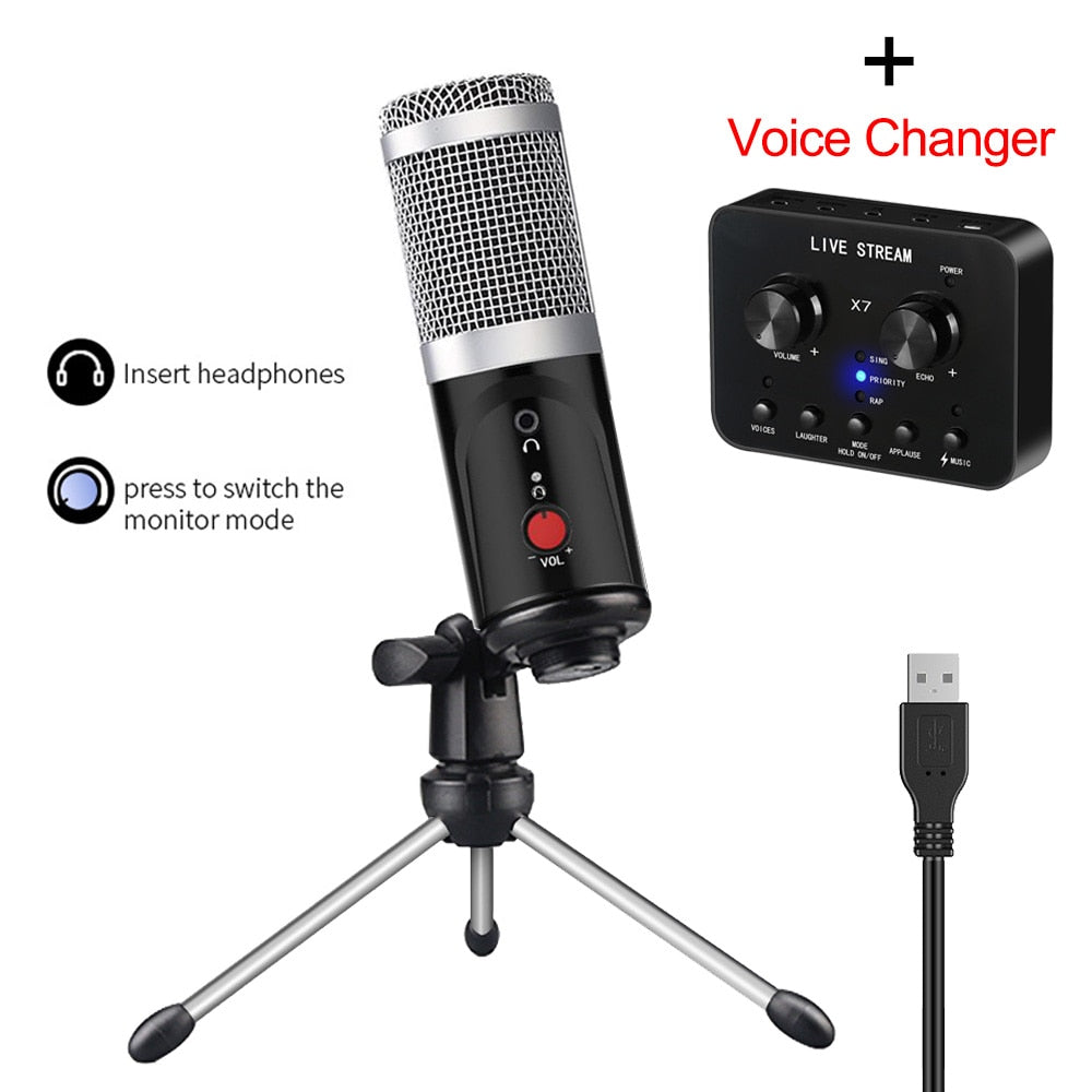 Condenser Microphone With Tripod USB Computer Studio Microphone For PC Microphone For Phone Karaoke Microphone With Sound Card