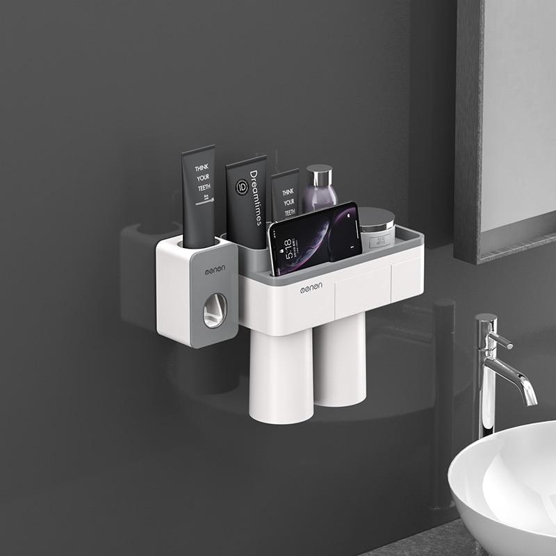 Toothbrush Holder Bathroom Accessories Toothpaste Squeezer Dispenser Storage Shelf Set For Bathroom Magnetic Adsorption With Cup