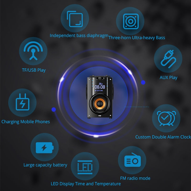 2200mAh Big Power Bluetooth Speaker Subwoofer Wireless Portable Heavy Bass Stereo Speakers Music Player LCD Display FM Radio TF