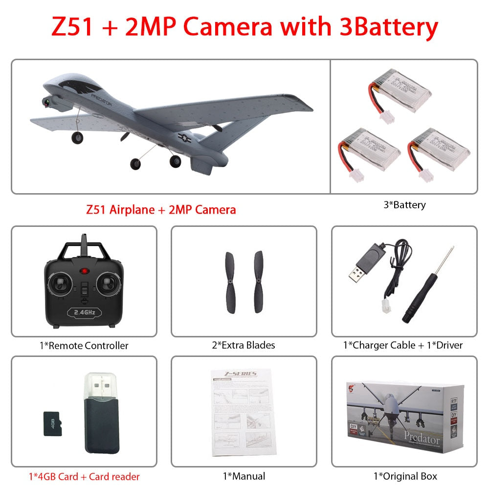 RC Airplane Plane Z51 with 2MP HD Camera or No Camera 20 Minutes Fligt Time Gliders With LED Hand Throwing Wingspan Foam Plane