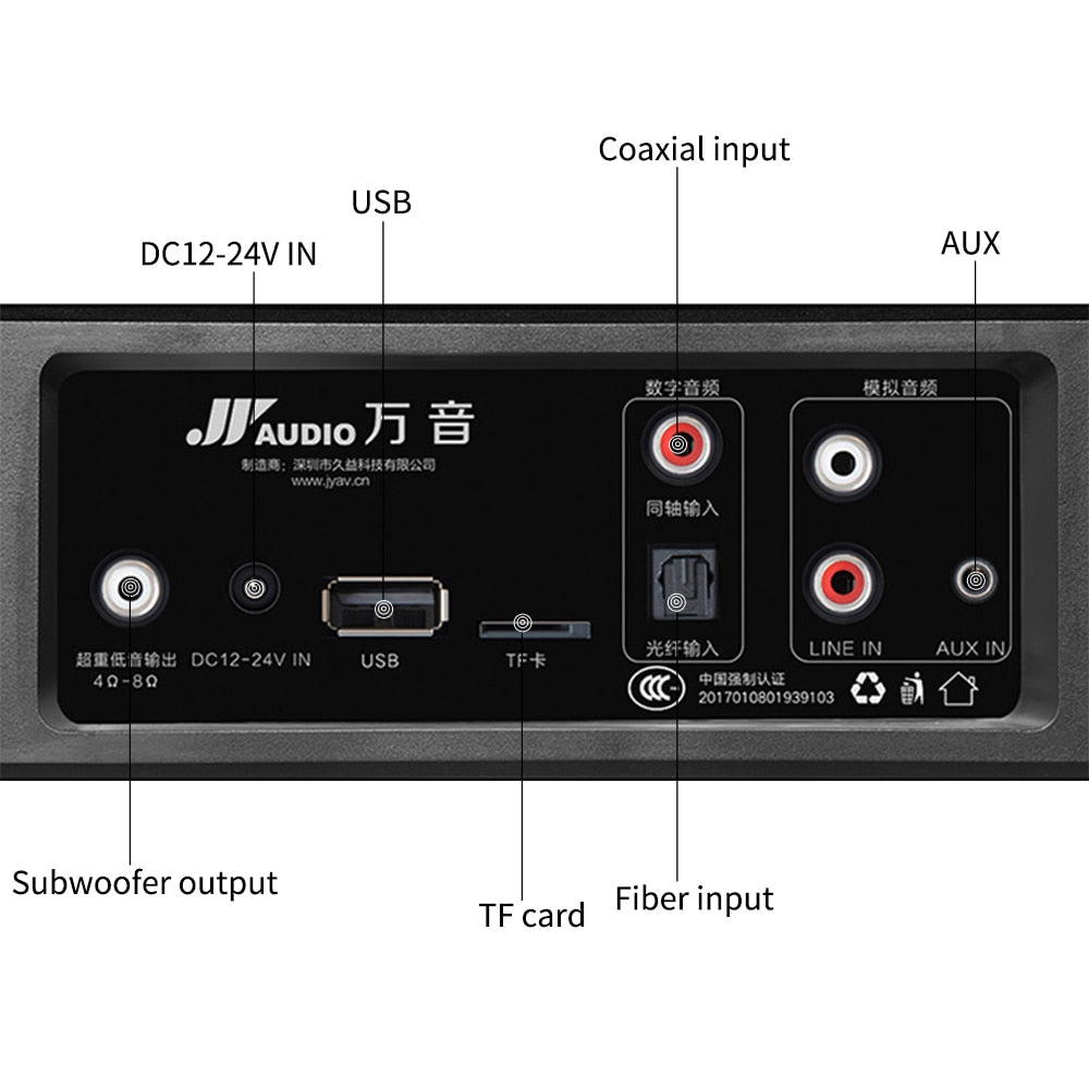 JY Audio Soundbar Column Home Theater DTS 2.1 Virtual Surround Soundbar For TV Surround Sound System Wireless Bluetooth Speaker