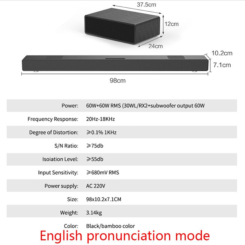 JY Audio Soundbar Column Home Theater DTS 2.1 Virtual Surround Soundbar For TV Surround Sound System Wireless Bluetooth Speaker