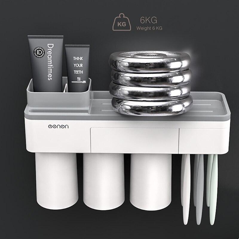 Toothbrush Holder Bathroom Accessories Toothpaste Squeezer Dispenser Storage Shelf Set For Bathroom Magnetic Adsorption With Cup