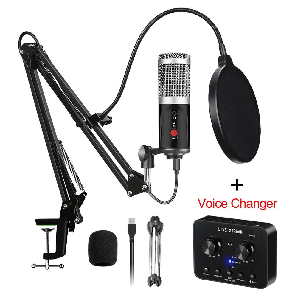 Condenser Microphone With Tripod USB Computer Studio Microphone For PC Microphone For Phone Karaoke Microphone With Sound Card