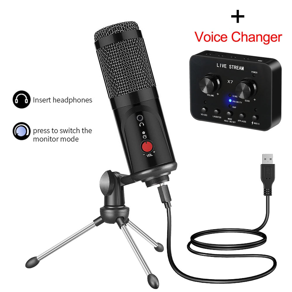 Condenser Microphone With Tripod USB Computer Studio Microphone For PC Microphone For Phone Karaoke Microphone With Sound Card