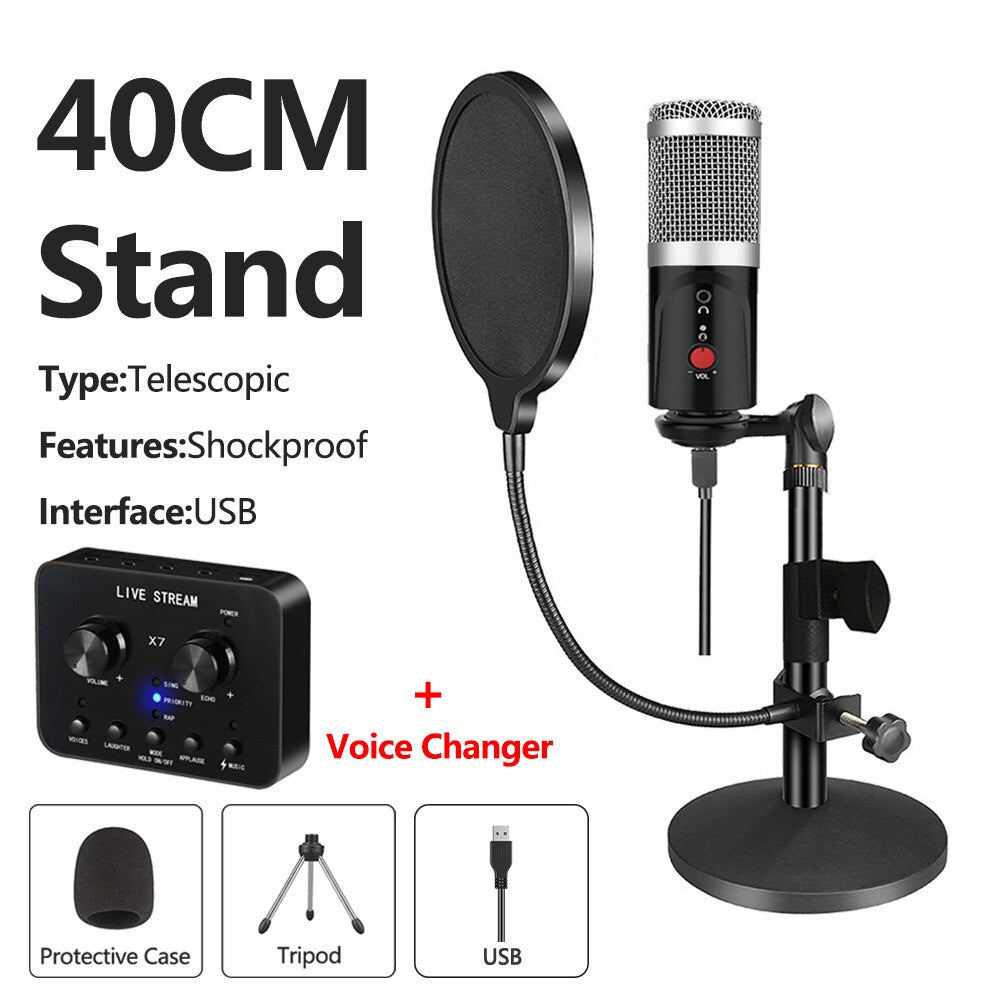 Condenser Microphone With Tripod USB Computer Studio Microphone For PC Microphone For Phone Karaoke Microphone With Sound Card