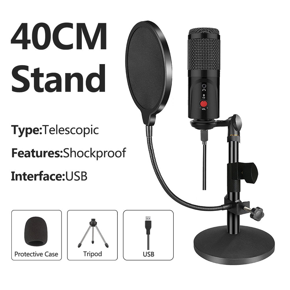 Condenser Microphone With Tripod USB Computer Studio Microphone For PC Microphone For Phone Karaoke Microphone With Sound Card