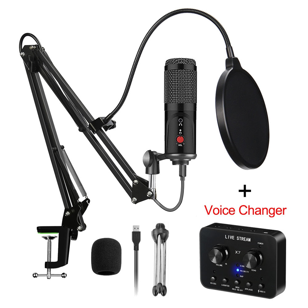 Condenser Microphone With Tripod USB Computer Studio Microphone For PC Microphone For Phone Karaoke Microphone With Sound Card