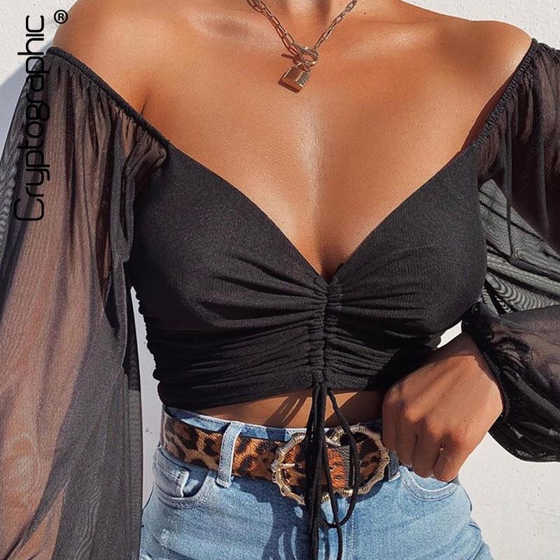 Cryptographic Drawstring Ruched Sexy Blouse Women Puff Sleeve Off Shoulder Sheer Female Tops and Blouses Shirts Short Streetwear