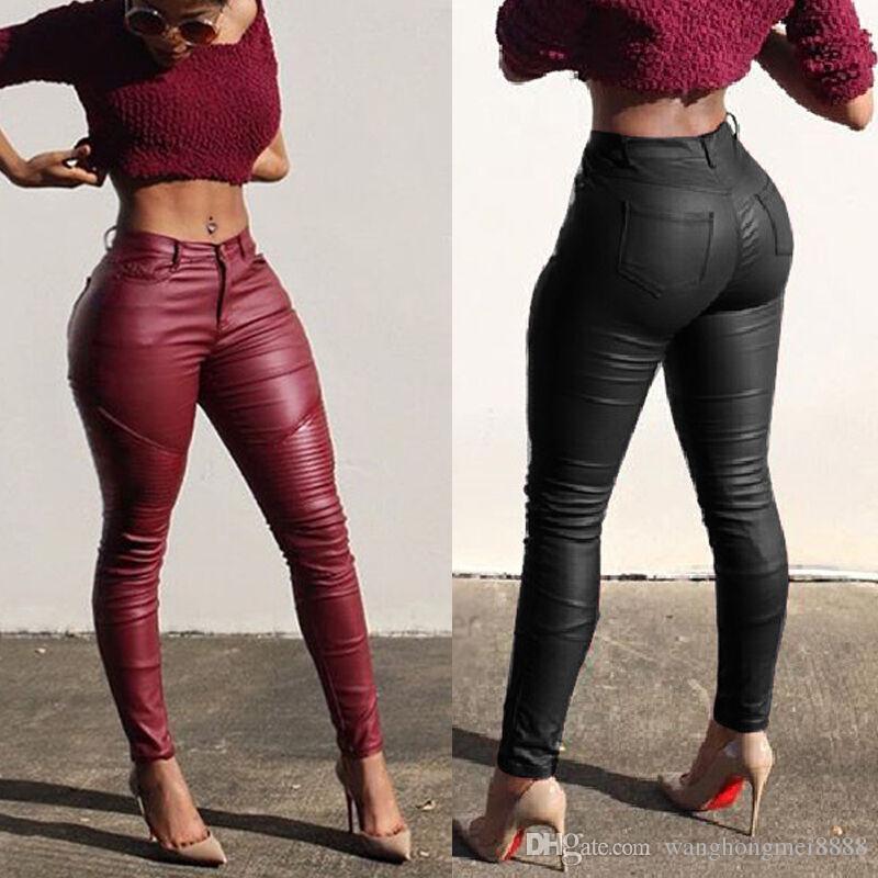 Sexy Women Ladies Leather Skinny Mid Waist Leggings Stretchy Pencil Pants Solid PU Leather Long Pant Trousers