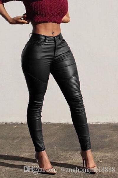 Sexy Women Ladies Leather Skinny Mid Waist Leggings Stretchy Pencil Pants Solid PU Leather Long Pant Trousers