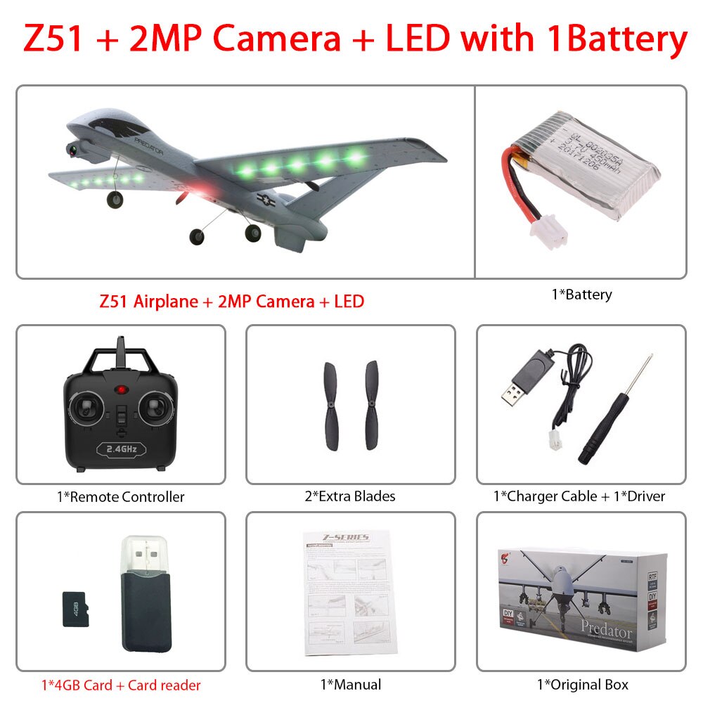 RC Airplane Plane Z51 with 2MP HD Camera or No Camera 20 Minutes Fligt Time Gliders With LED Hand Throwing Wingspan Foam Plane