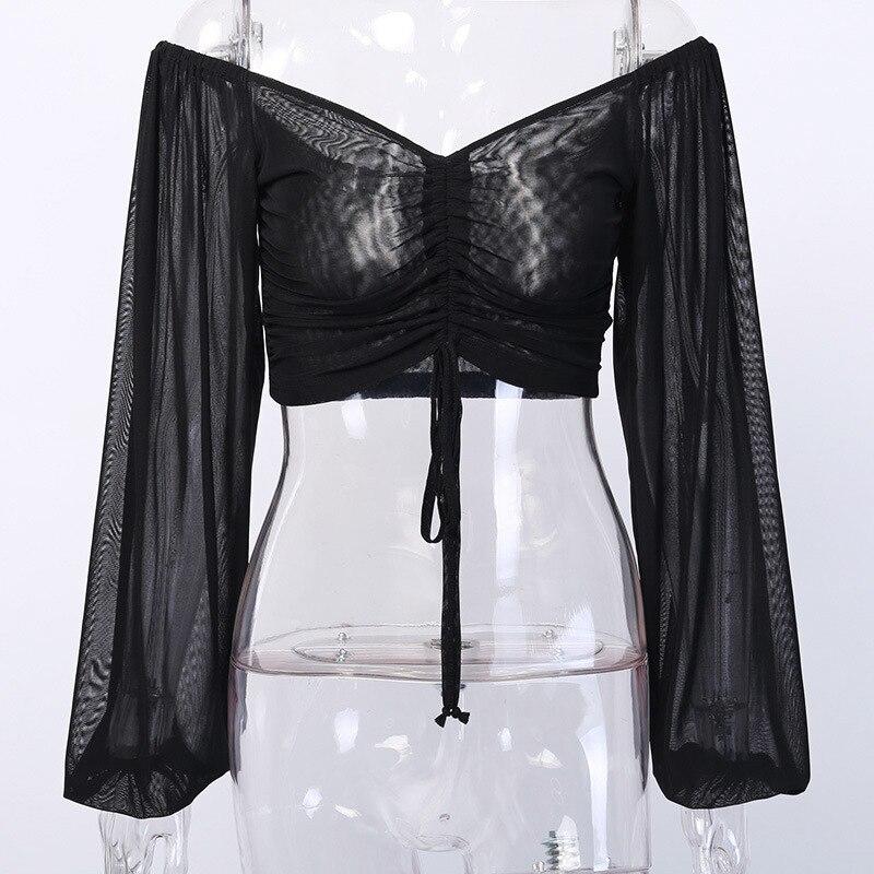 Cryptographic Drawstring Ruched Sexy Blouse Women Puff Sleeve Off Shoulder Sheer Female Tops and Blouses Shirts Short Streetwear