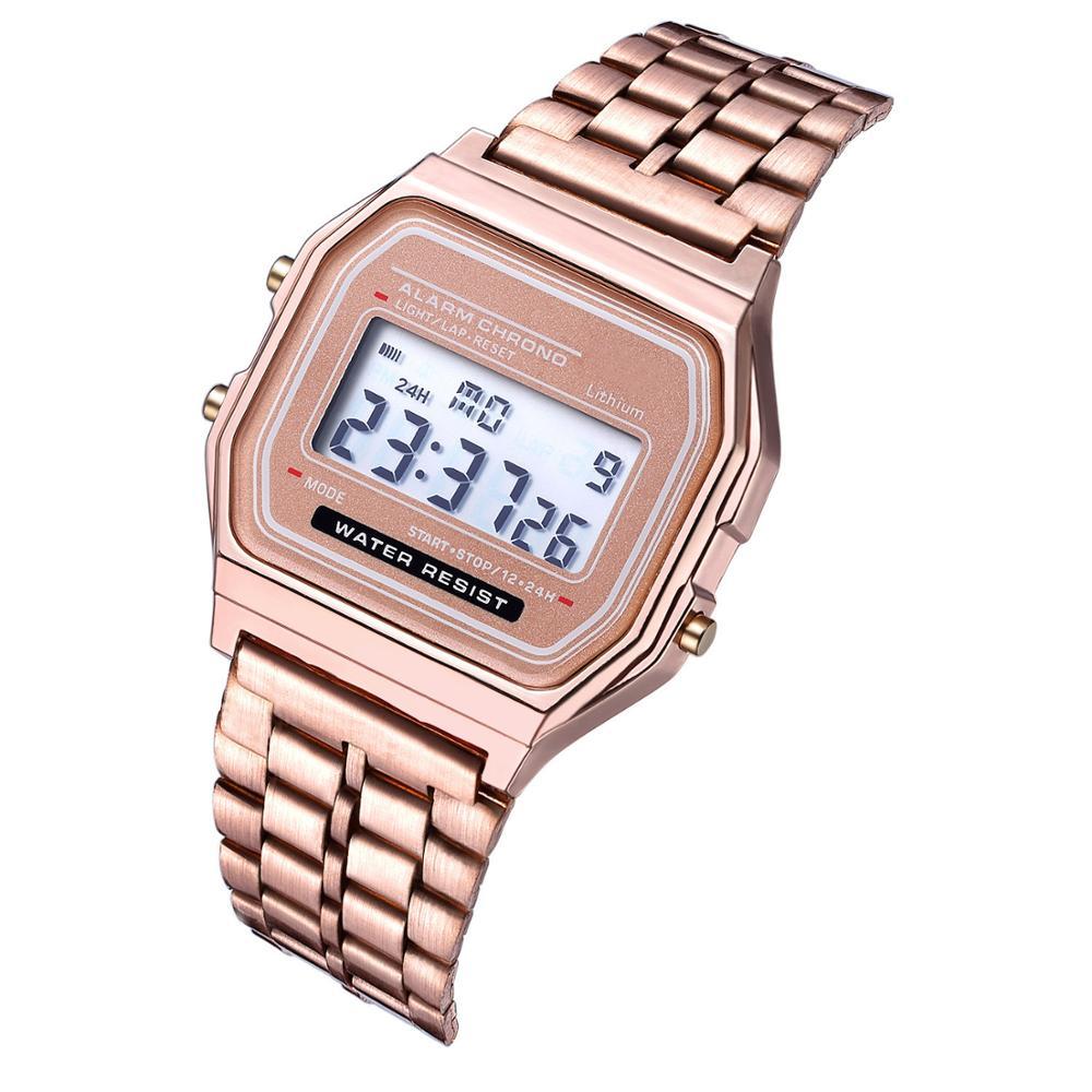 Luxury Rose Gold Women Digital Watch Ultra-thin Steel LED Electronic Wrist Watch Luminous Clock Ladies Watch montre femme