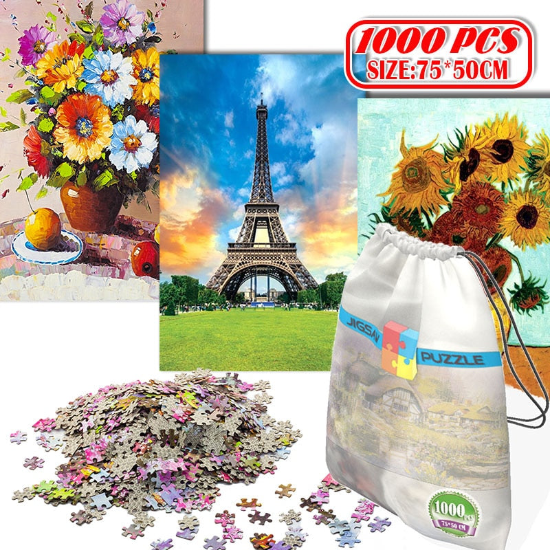 1000Pcs 3D Paper Jigsaw Puzzle for Adults Kids Toys Puzzles Wooden Educational Toys Stickers Eiffel Tower Flowers Painting
