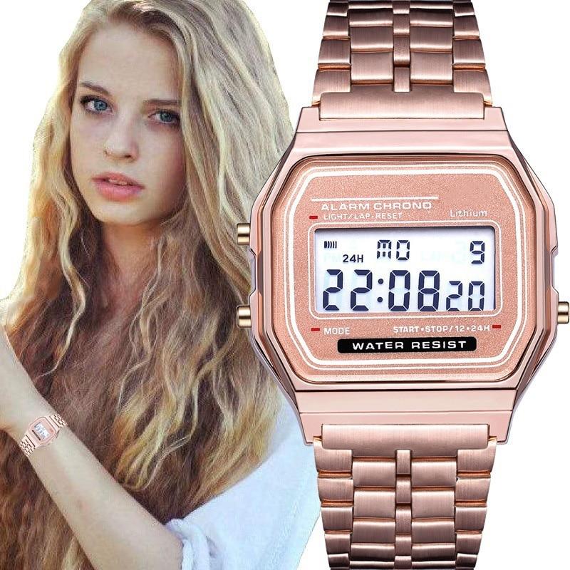 Luxury Rose Gold Women Digital Watch Ultra-thin Steel LED Electronic Wrist Watch Luminous Clock Ladies Watch montre femme