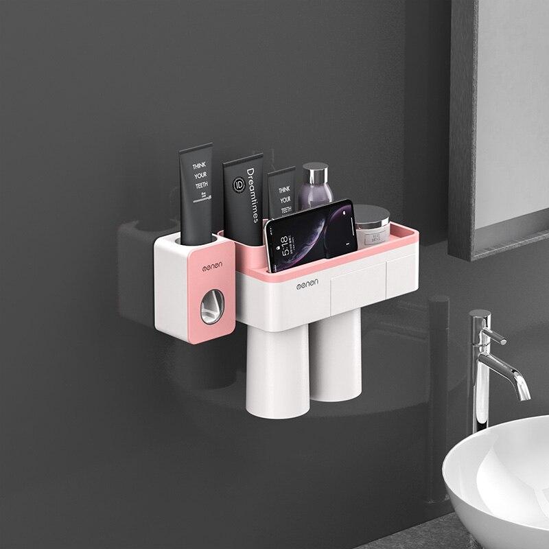 Toothbrush Holder Bathroom Accessories Toothpaste Squeezer Dispenser Storage Shelf Set For Bathroom Magnetic Adsorption With Cup