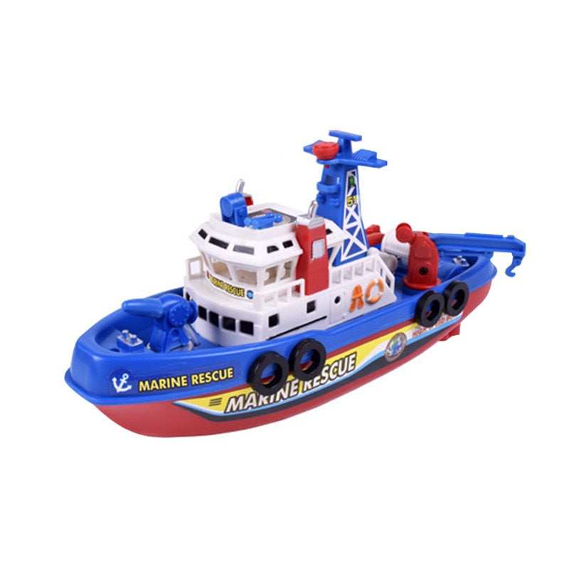 Fast Speed Music Light Electric Marine Rescue Fire Fighting Boat Fire Fighting Ship Toys Non-Remote Toy Kids Children's Day Gift (Blue)