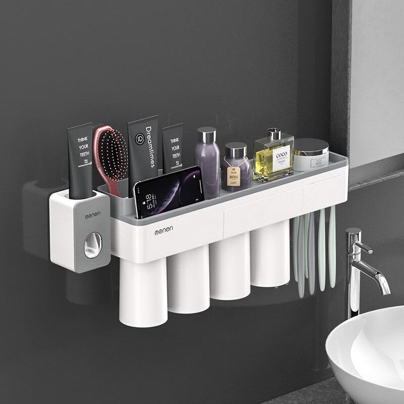 Toothbrush Holder Bathroom Accessories Toothpaste Squeezer Dispenser Storage Shelf Set For Bathroom Magnetic Adsorption With Cup