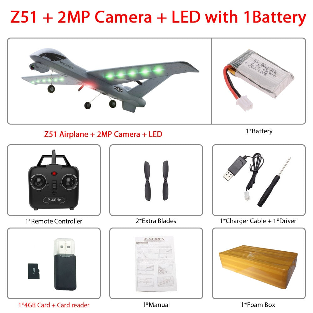 RC Airplane Plane Z51 with 2MP HD Camera or No Camera 20 Minutes Fligt Time Gliders With LED Hand Throwing Wingspan Foam Plane