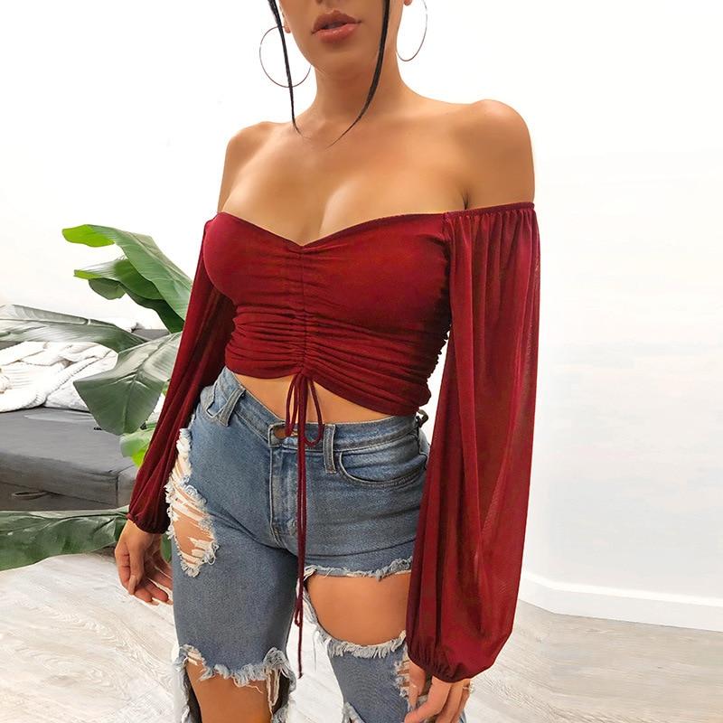 Cryptographic Drawstring Ruched Sexy Blouse Women Puff Sleeve Off Shoulder Sheer Female Tops and Blouses Shirts Short Streetwear