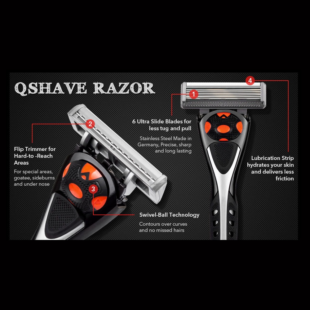 Qshave Black Spider New 6 Blade System Man Manual Shaving Razor Germany X6 Blade with Trimmer Blade, 4 & 8 &16 Cartridges Choice