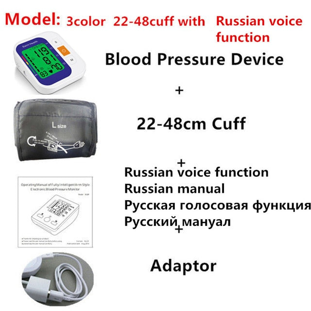 Russian Voice Digital Blood Pressure Monitor Pulse Heart Beat Rate Meter Device Medical Equipment Tonometer BP Sphygmomanometer