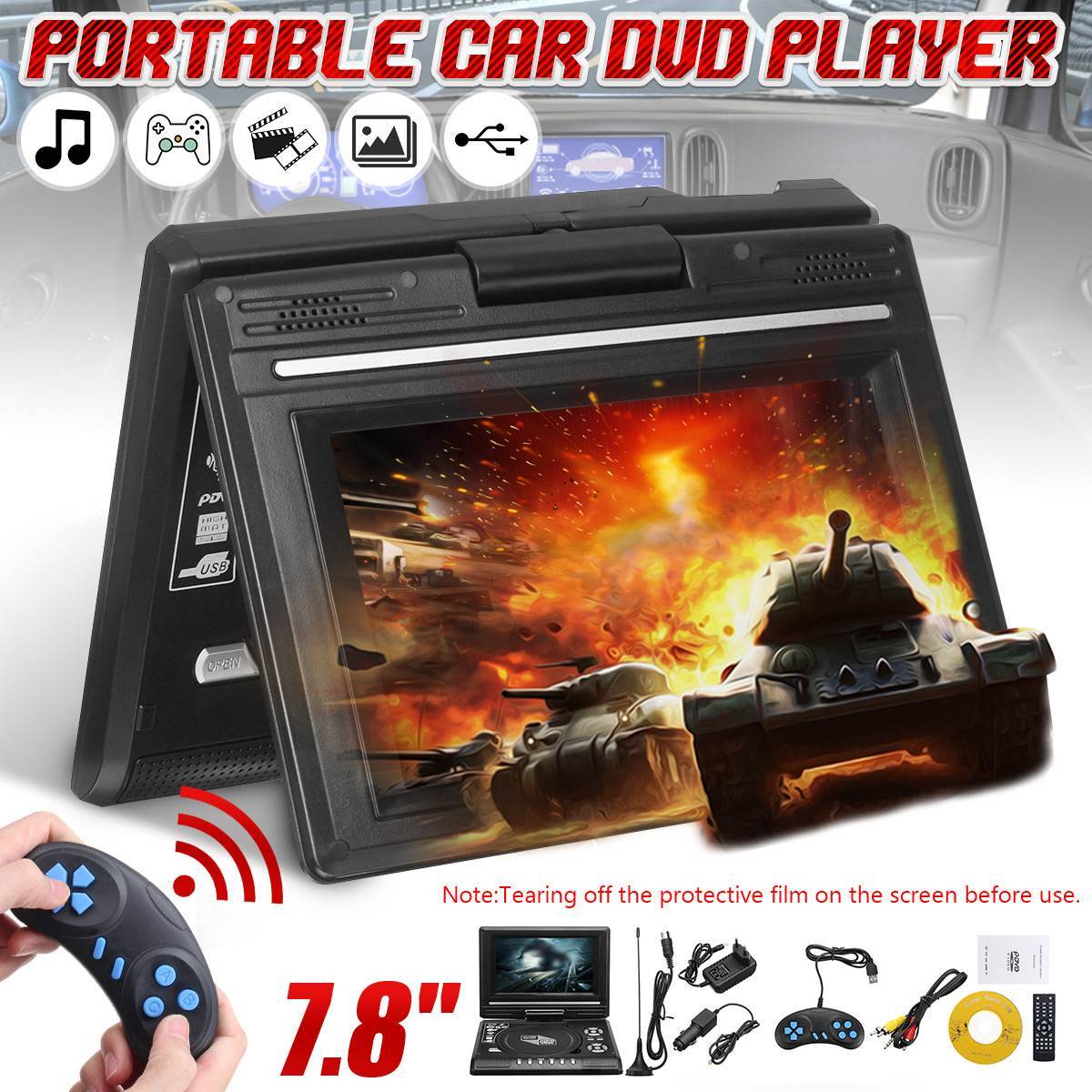 Portable 7.8 Inch HD TV Home Car DVD Player VCD CD MP3 DVD Player USB SD Cards RCA TV Portatil Cable Game 16:9 Rotate LCD Screen
