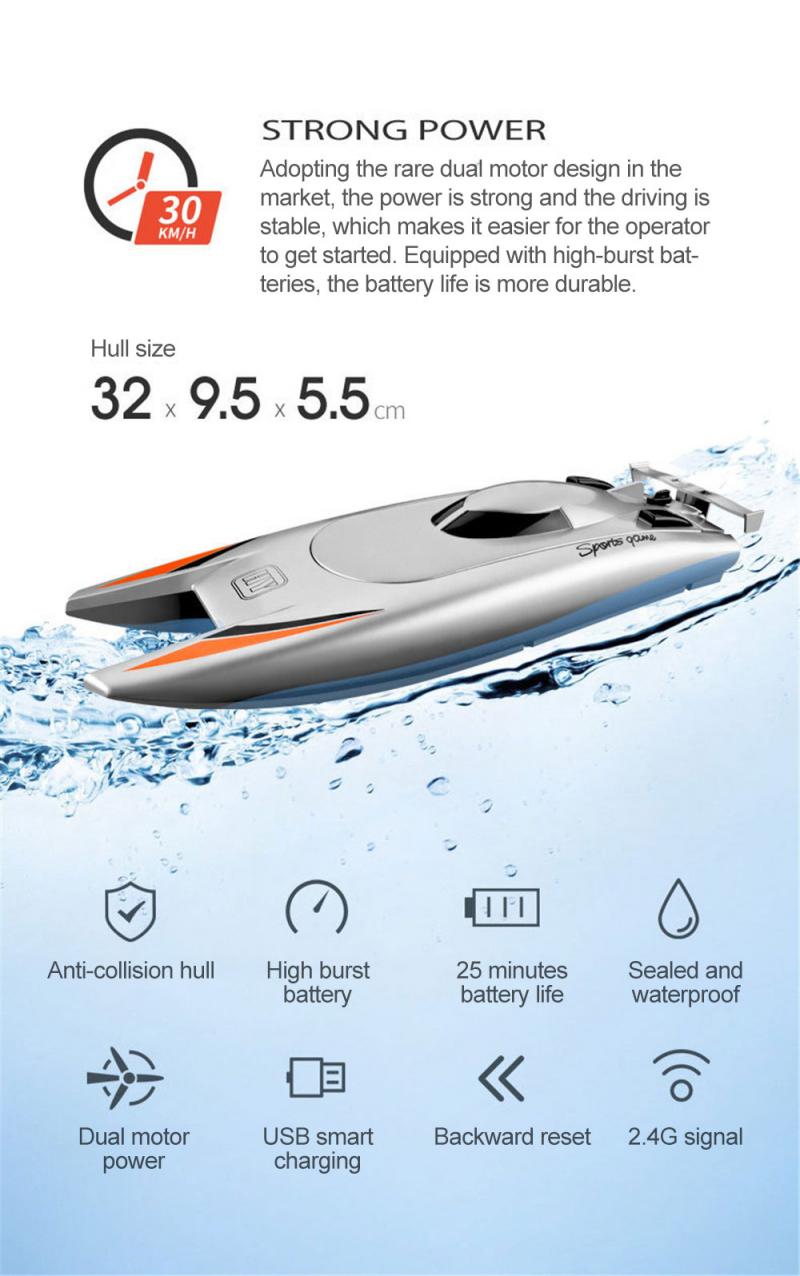 2.4G Remote Control Boat Speedboat Yacht Children Competition Boat Water Toy 30km Per Hour Waterproof Gauge Racing Ship RC Toy