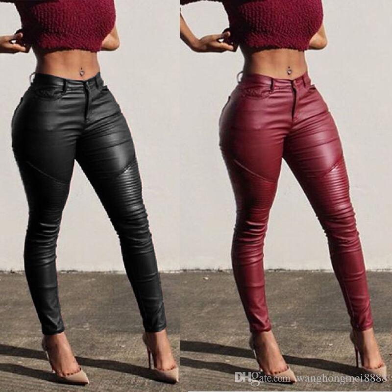Sexy Women Ladies Leather Skinny Mid Waist Leggings Stretchy Pencil Pants Solid PU Leather Long Pant Trousers
