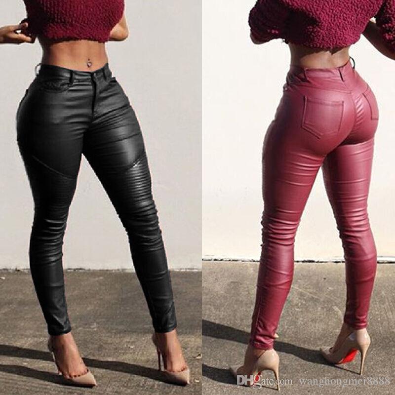 Sexy Women Ladies Leather Skinny Mid Waist Leggings Stretchy Pencil Pants Solid PU Leather Long Pant Trousers
